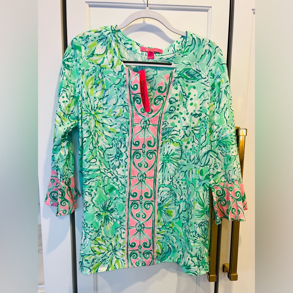 LILLY PULITZER KEONA TUNIC in RESORT AQUA HOPELESSLY DEVOTED PRINT Sz. M •NWT•